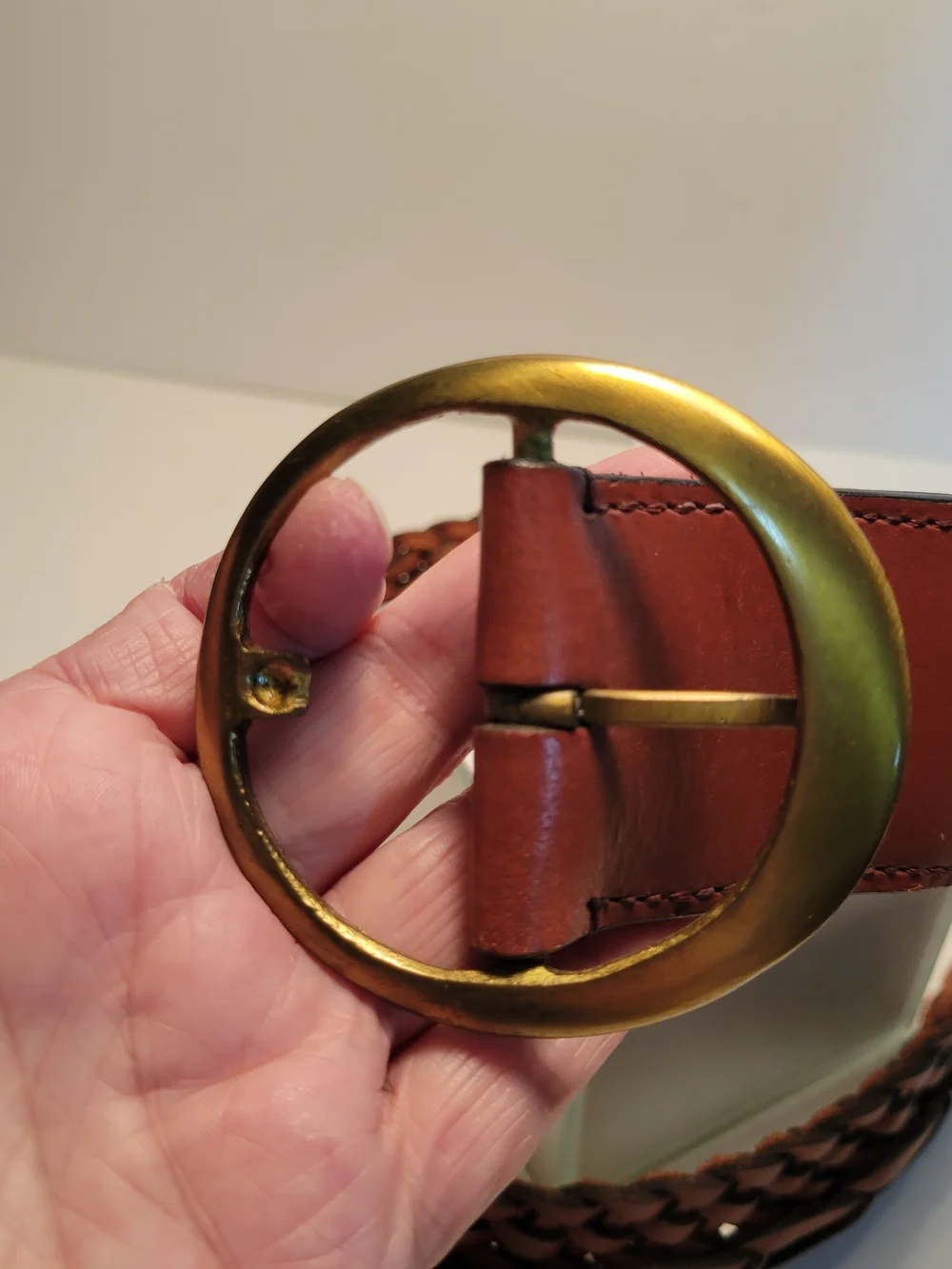 Chico's Braided Leather Belt with Round Brass Buckle  Brown S. M/l